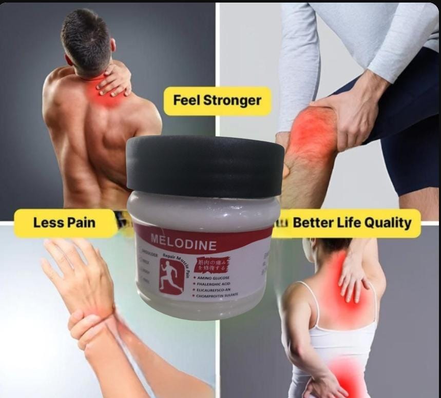 Melodine jar with people experiencing pain relief on a gray background