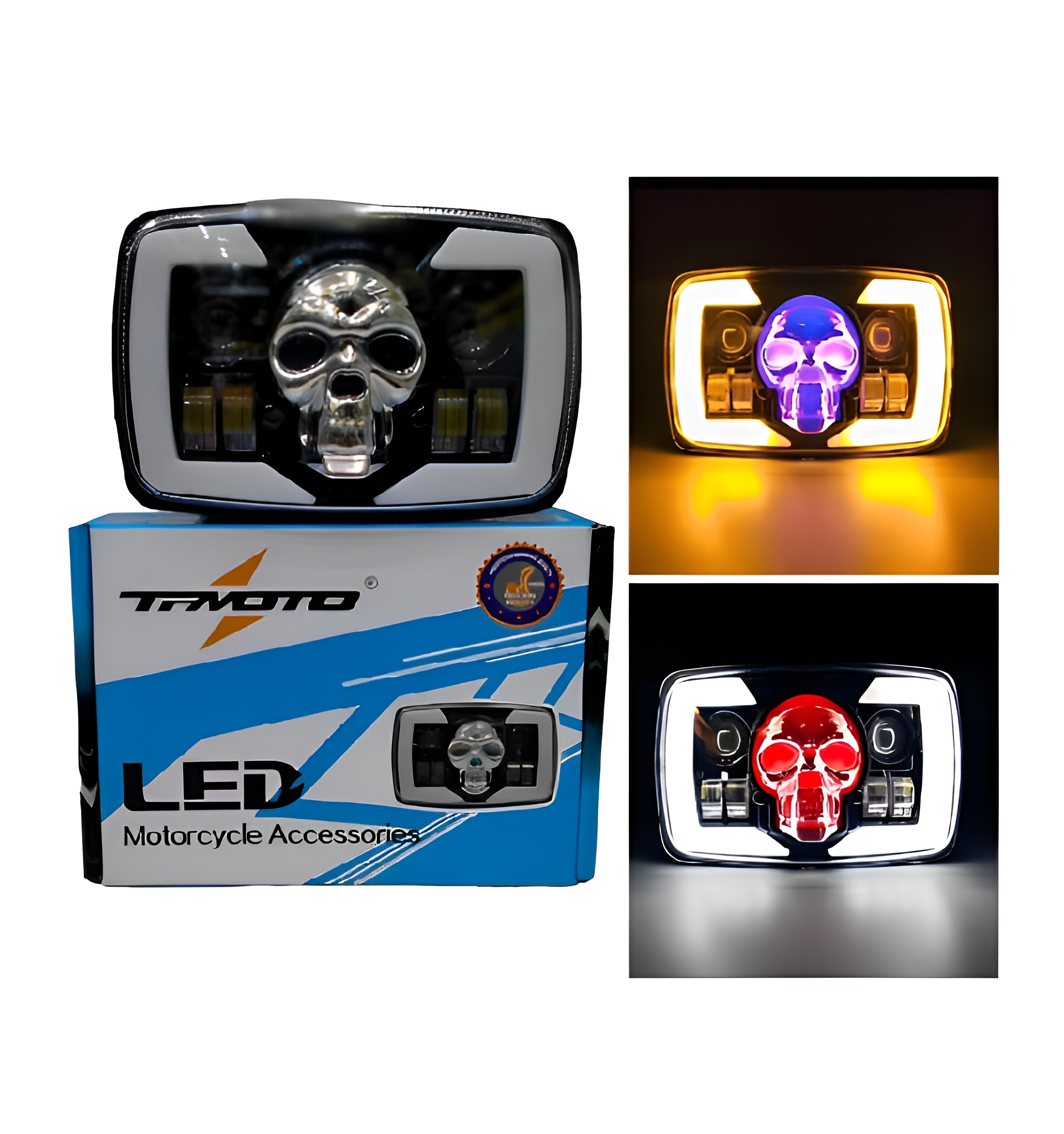 Motorcycle LED light with skull design, Truyo brand packaging, and close-up of light.