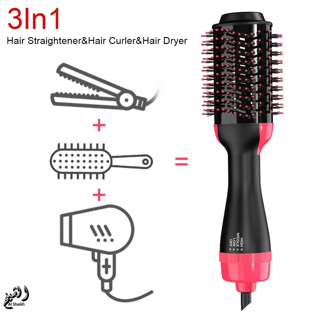 Multifunctional hair styling tool with attachments for straightening, curling, and drying hair on a white background.