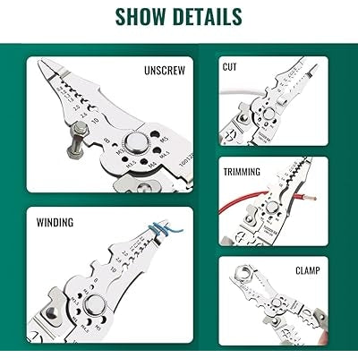 Multifunctional tool with labeled uses on a green background