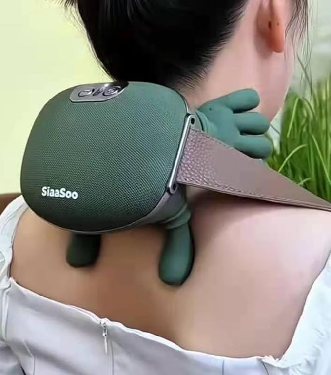 Person using a green neck and shoulder massager with 'SiaaSoo' branding.