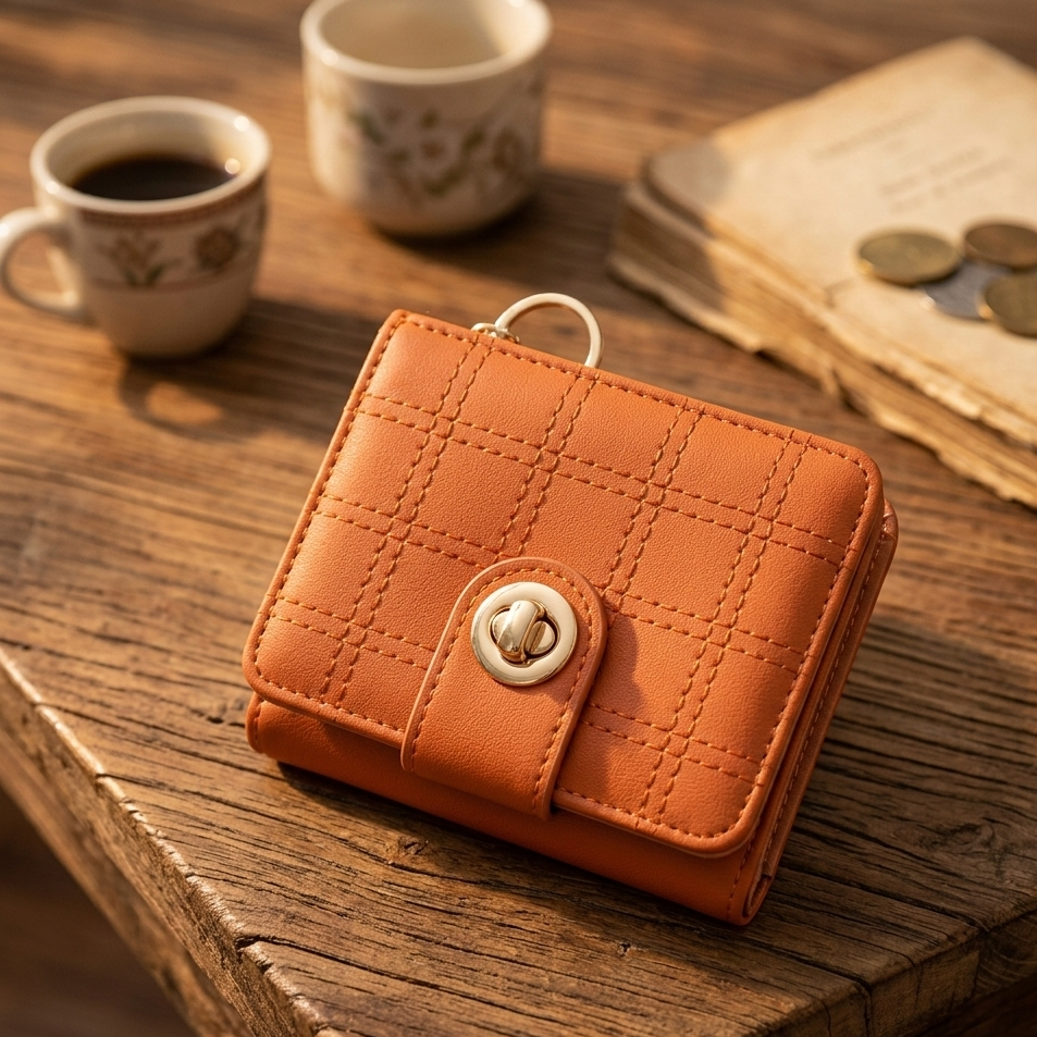 Orange quilted wallet on a wooden surface with cups and coins in the background