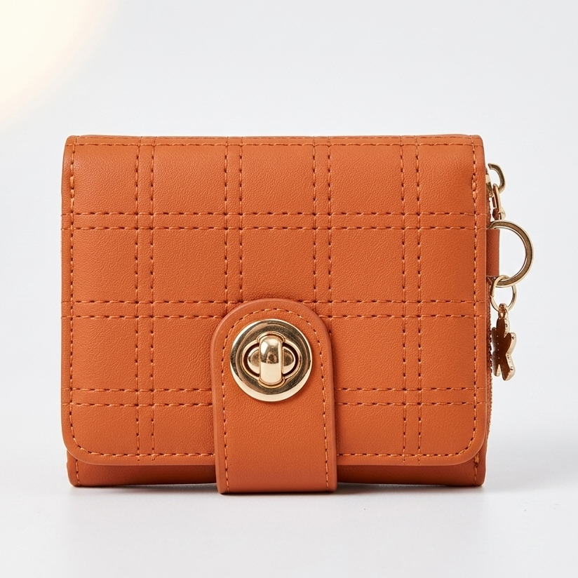 Orange quilted wallet with a gold clasp on a light gray background