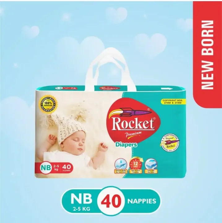 Package of Rocket Premium Diapers for Newborns on a light blue background