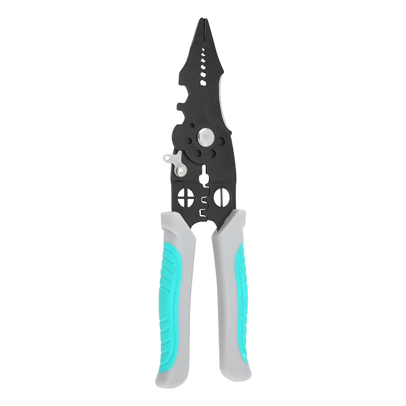 Pliers with black and turquoise handles on a white background