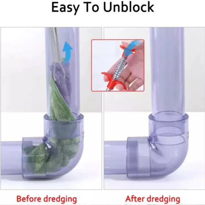 Plumbing tool for unclogging pipes with before and after images.