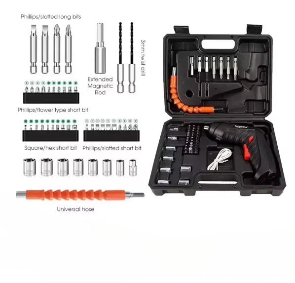 Set of tools including drill bits and accessories in a black case on a white background