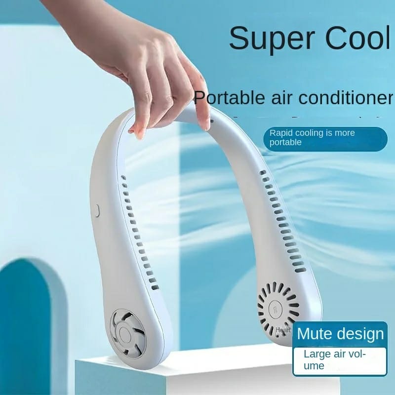 Portable air conditioner held by a hand with text highlighting features on a blue background