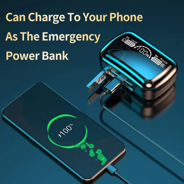Power bank charging a smartphone with text 'Can Charge To Your Phone As The Emergency Power Bank' on a dark blue background.