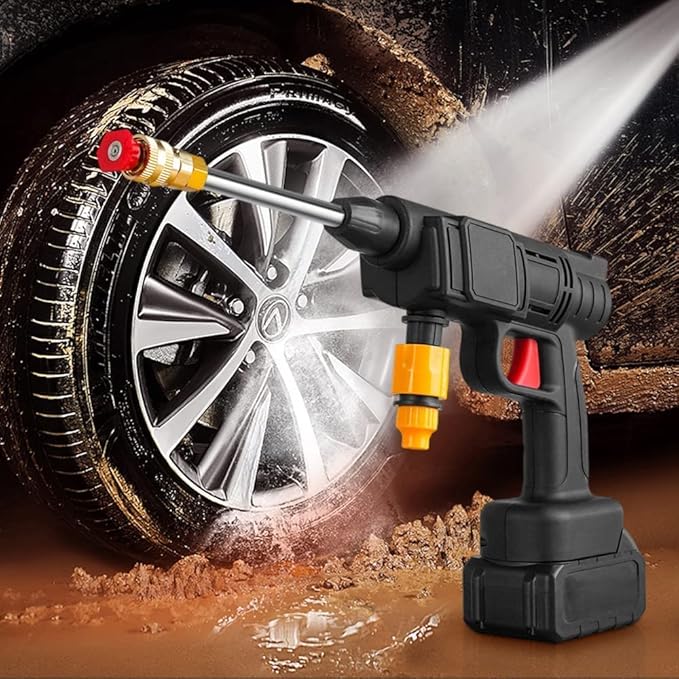 Pressure washer cleaning a car tire with water spraying onto the wheel.