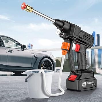 Pressure washer gun with a car in the background