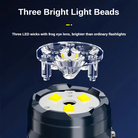 LED light source with three bright light beads on a dark background