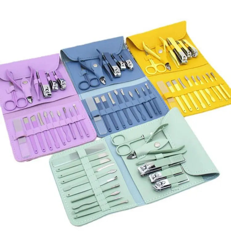 Set of manicure and pedicure tools in colorful cases on a white background