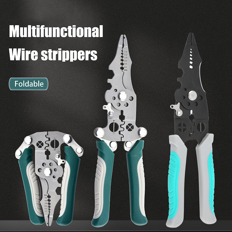 Set of multifunctional wire strippers with green handles on a black background