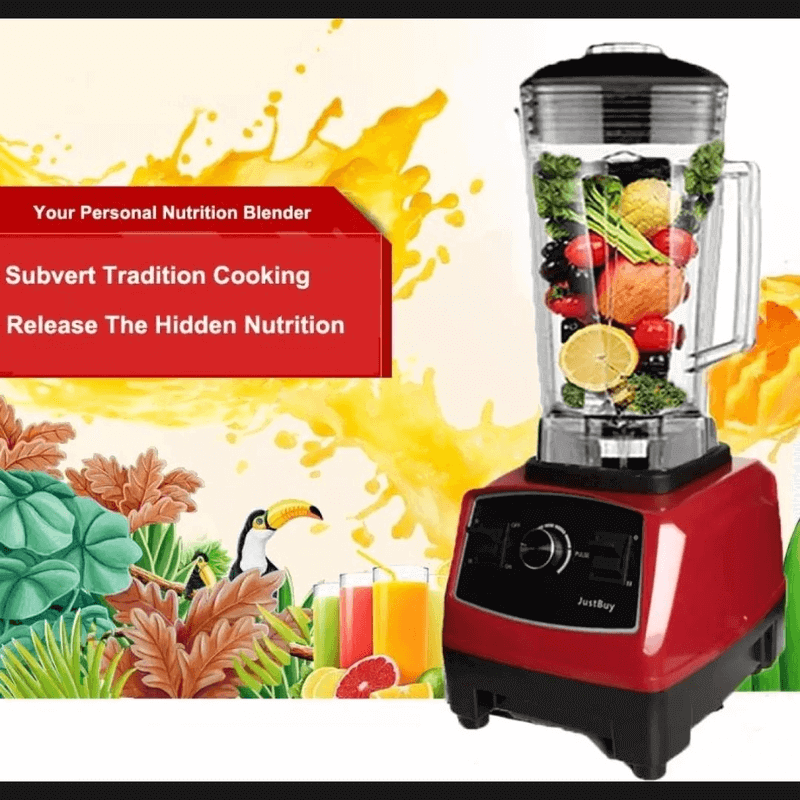 Red blender with fruits and vegetables on a colorful background