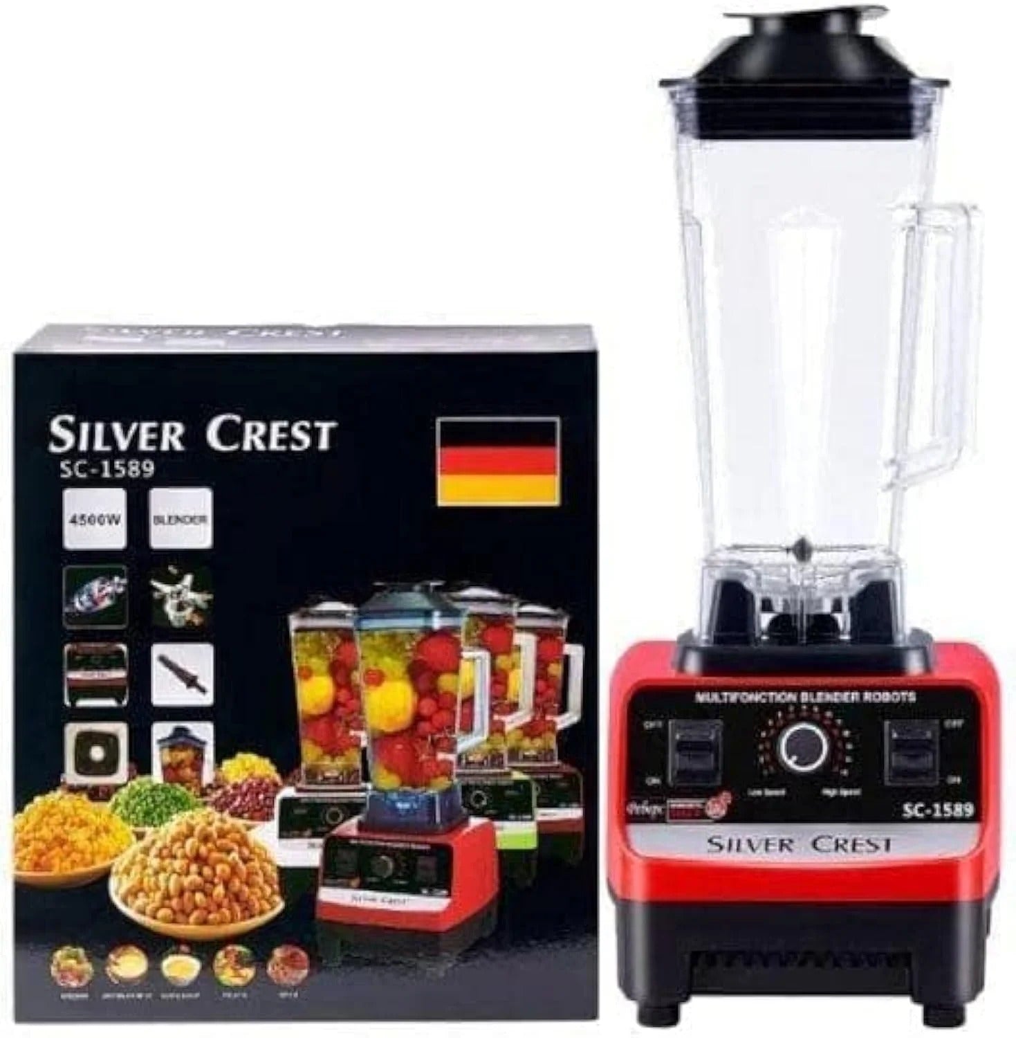 Silver Crest blender with packaging on a white background