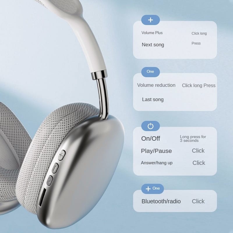 Silver headphones with control buttons displayed on a light blue background