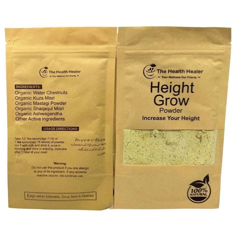 Two packages of 'Height Grow Powder' by 'The Health Healer' on a white background.