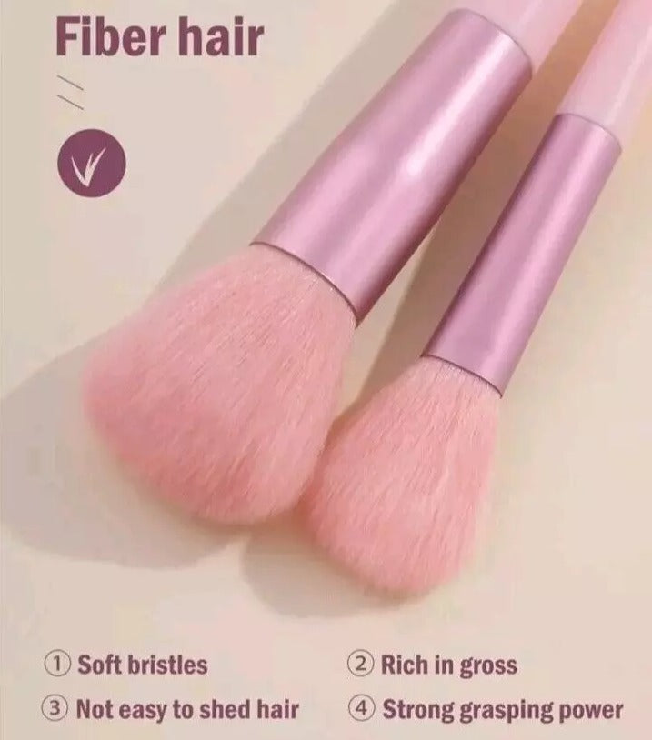 Two pink makeup brushes with text describing their features on a beige background