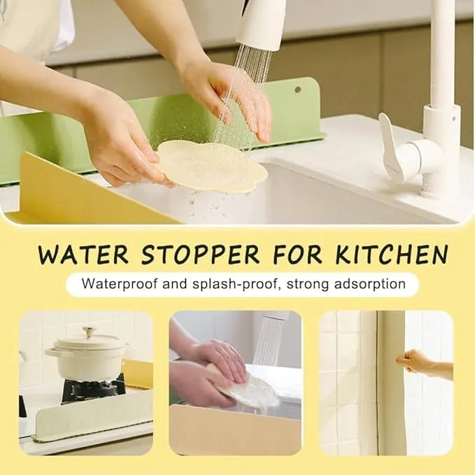 Water stopper for kitchen with usage examples and text on a yellow background