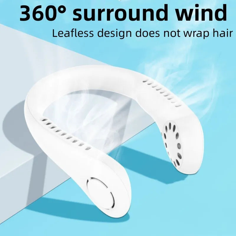 White hair dryer with '360° surround wind' and 'leafless design does not wrap hair' text on a blue background