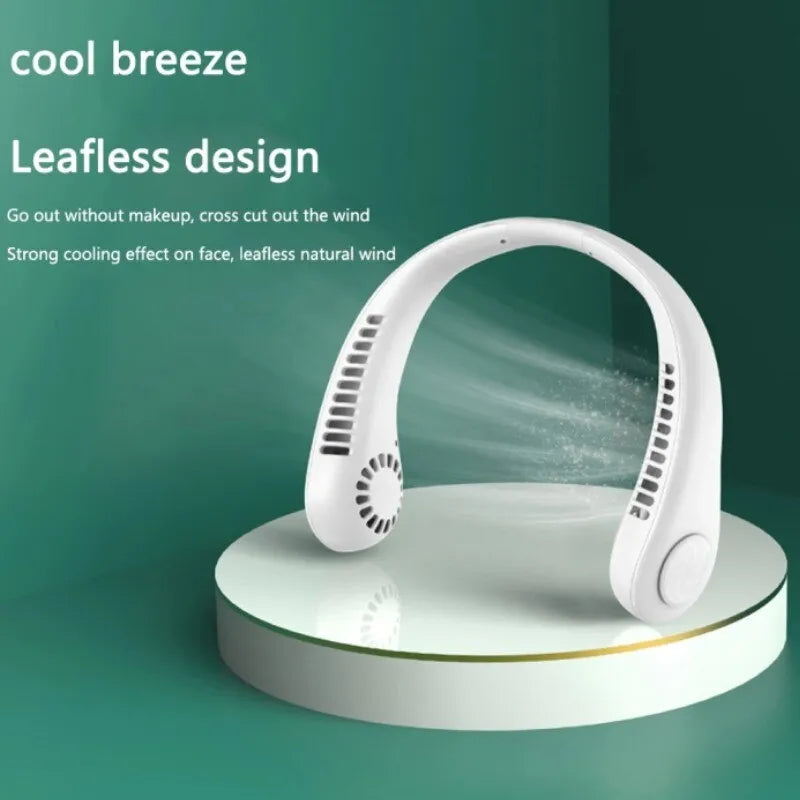 White handheld fan with 'cool breeze' and 'leafless design' text on a green background