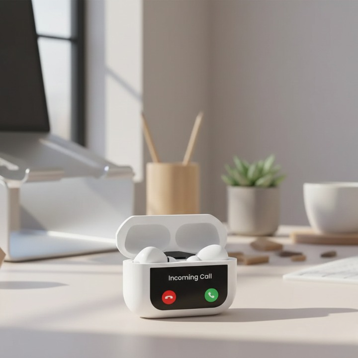Wireless earbuds in a charging case on a desk with office items in the background