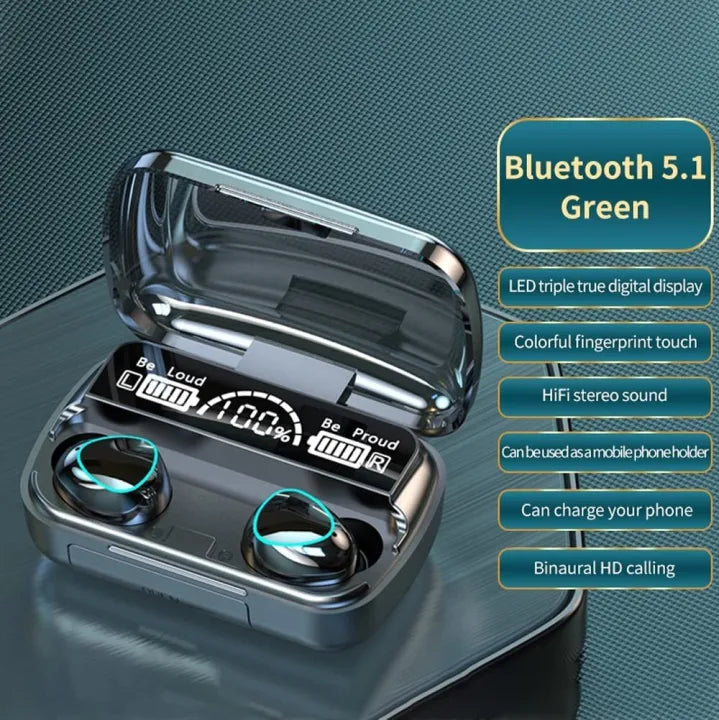 Wireless earbuds with charging case on a blue gradient background
