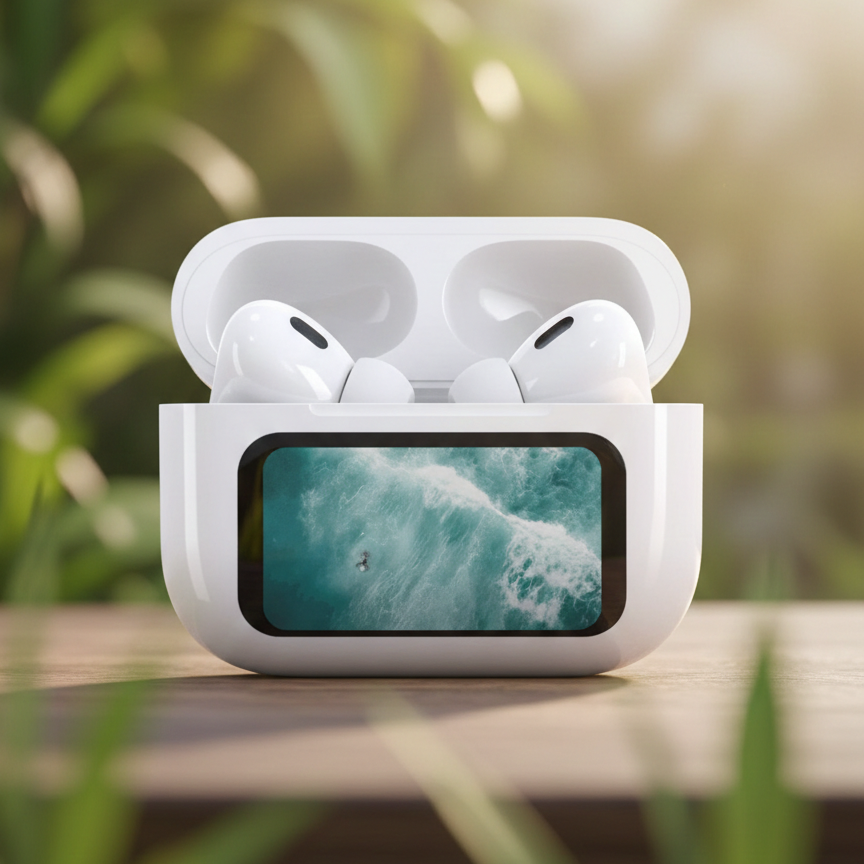 Wireless earbuds in a charging case with a screen displaying ocean waves, placed on a wooden surface with a natural background.