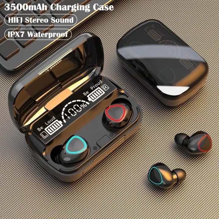 Wireless earbuds with charging case on a textured surface