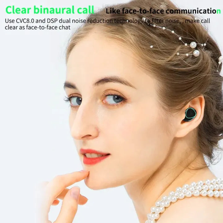Woman wearing a black earbud with text about clear binaural calls and noise reduction technology.