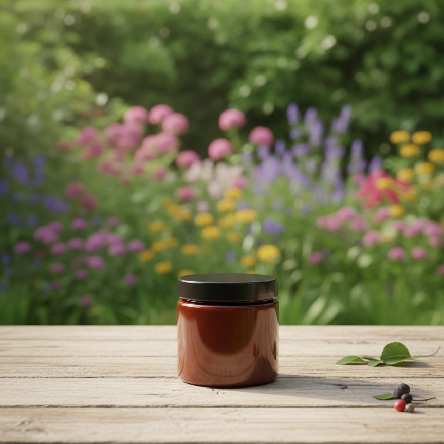 Brown jar on a wooden surface with a garden of flowers in the background