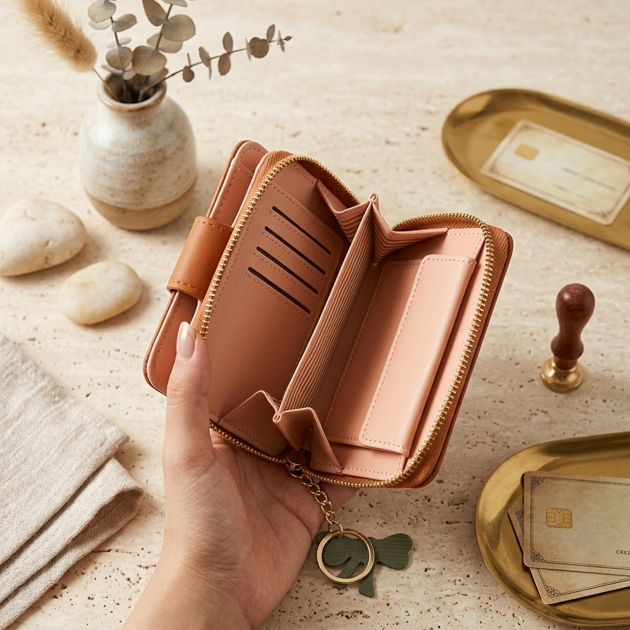 Hand holding a brown leather wallet on a textured surface with decorative items.