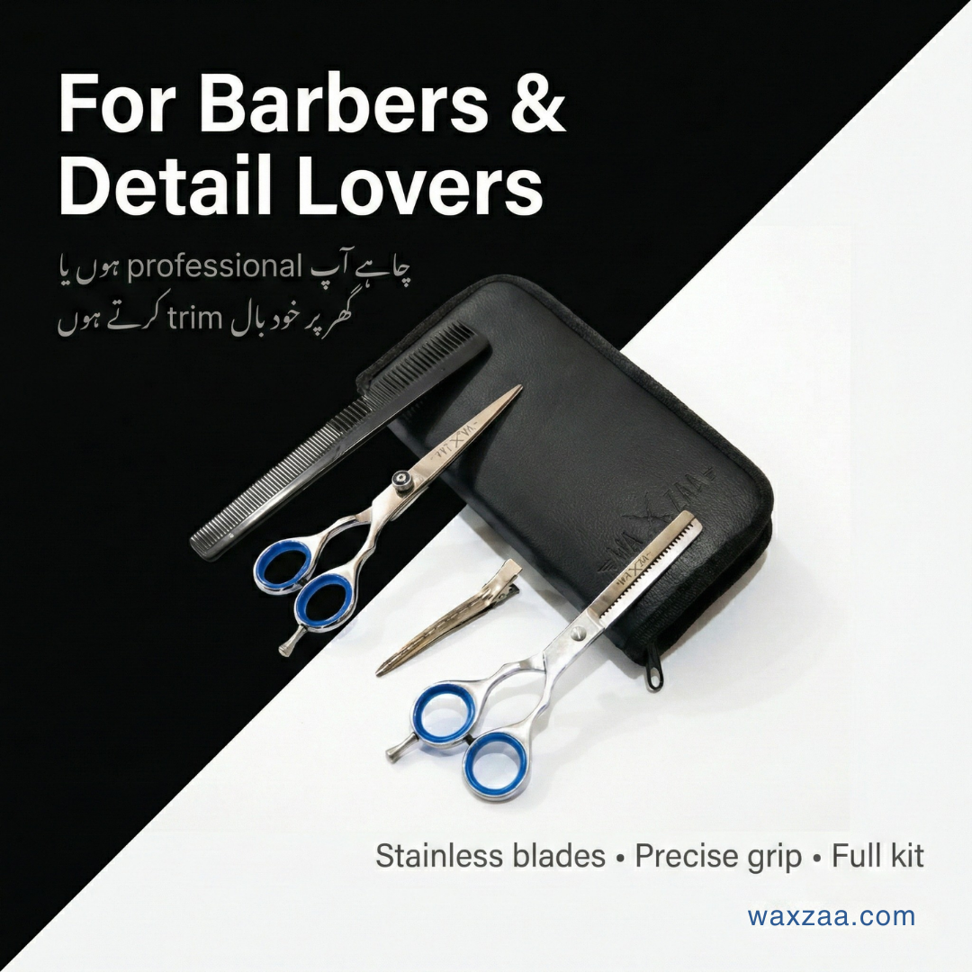 Barber tools including scissors and a comb on a black and white background with promotional text.
