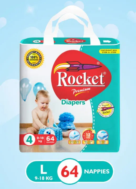 Package of Rocket Premium Diapers for size L with a child and toys on a light blue background