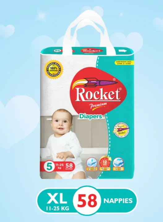 Rocket diaper package with a baby image on a light blue background