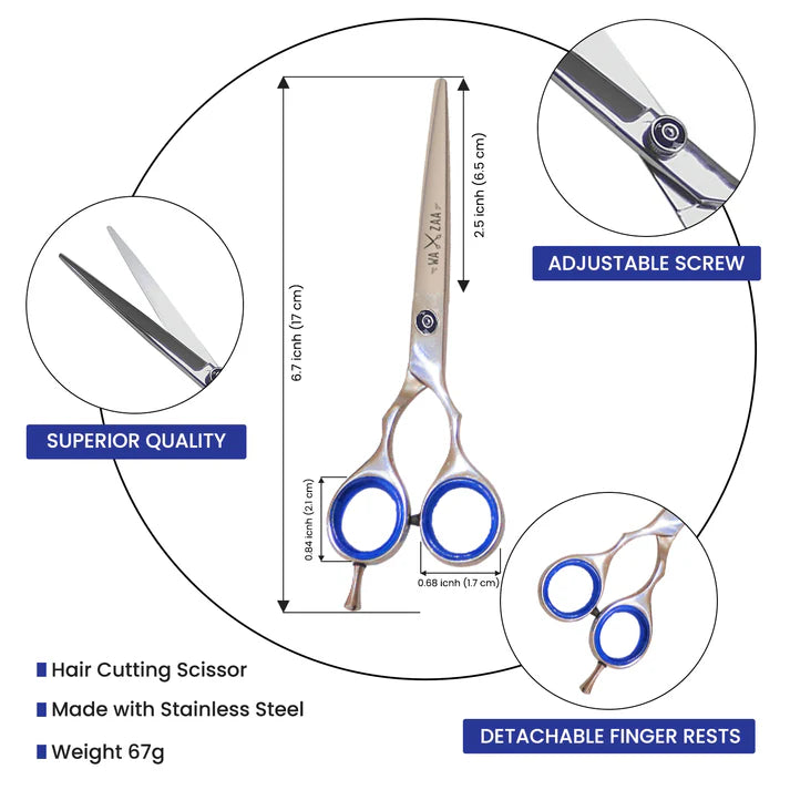 Hair cutting scissors with measurements and features highlighted