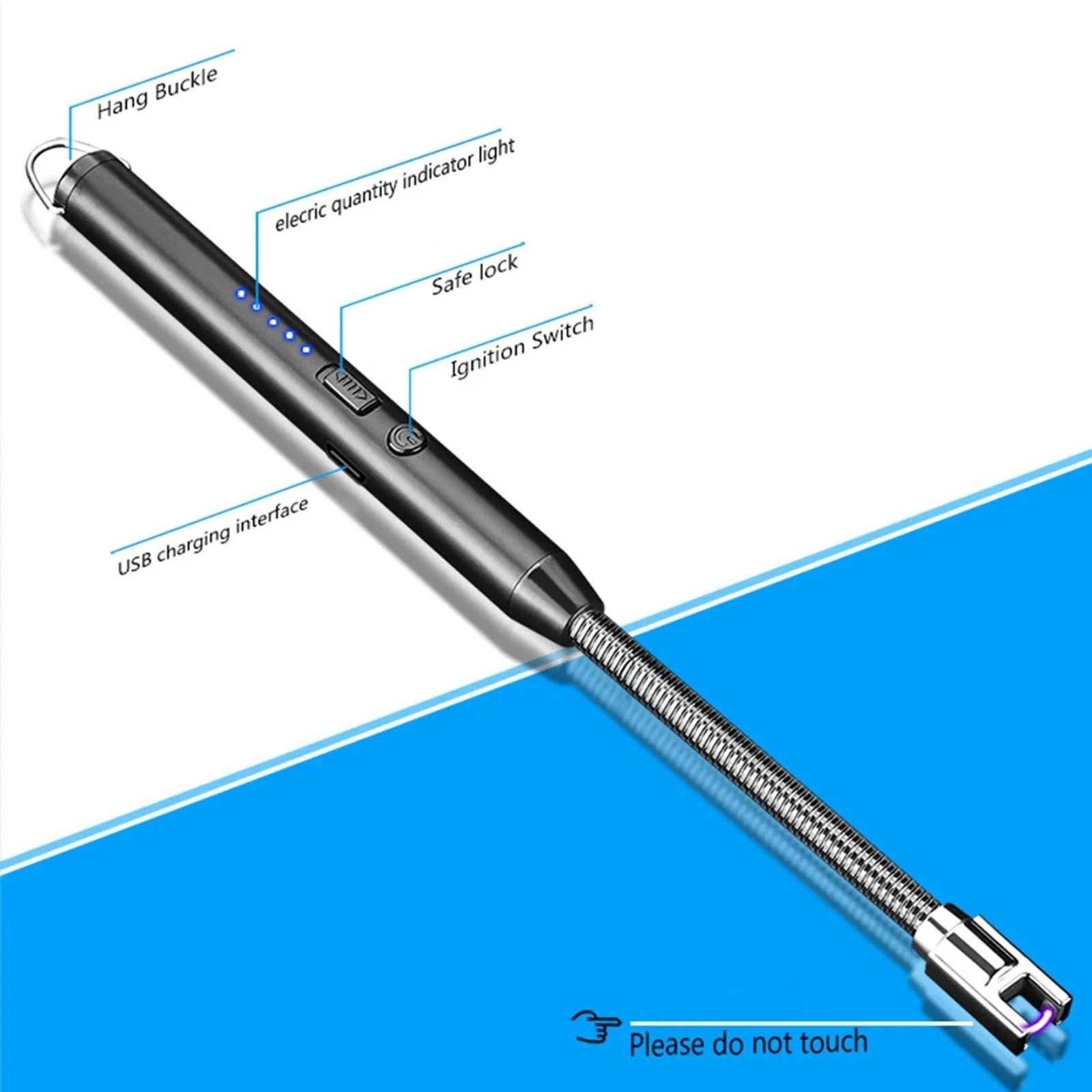 Butane lighter with labeled parts on a white background