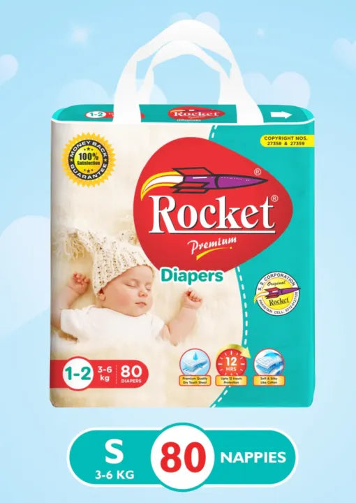 Rocket Premium Diapers package with baby image on a light blue background