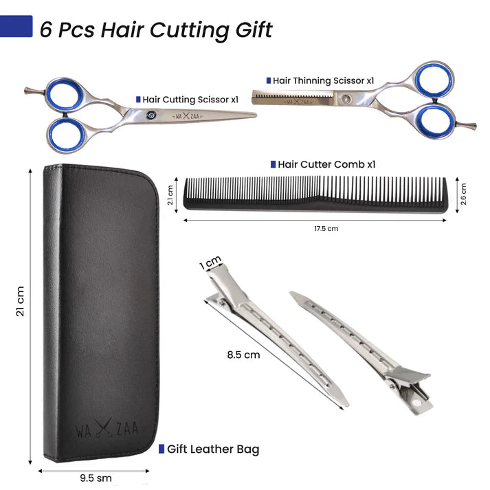6-piece hair cutting gift set with scissors, comb, and leather case on a white background
