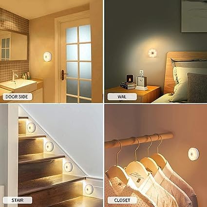 Collage of a night light in various settings including door side, wall, stairwell, and closet.