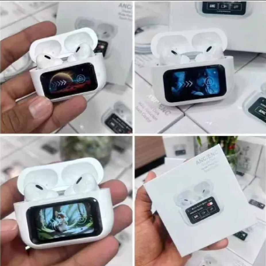 Collage of wireless earbuds in a charging case with a screen, held by a person.